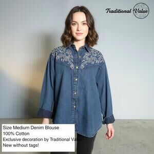 Medium Size Denim Blouse with Embroidered Decoration